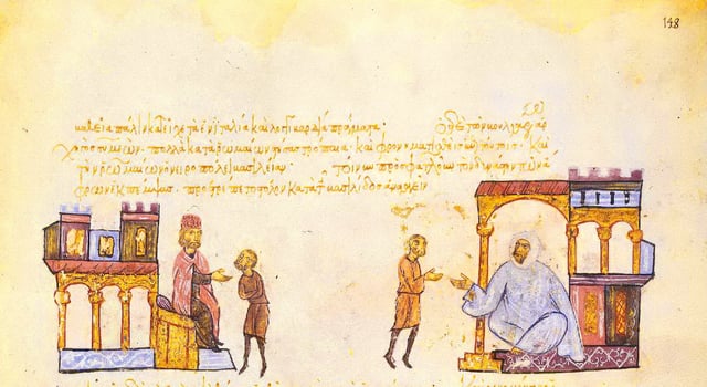 Simeon sending envoys to the Fatimid ruler Ubayd Allah. Madrid Skylitzes.