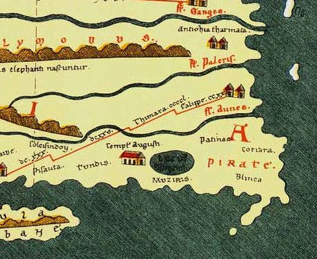 Muziris in the Chera Kingdom of Southern India, as shown in the Tabula Peutingeriana, with depiction of a "Temple of Augustus" ("Templum Augusti"), an illustration of Indo-Roman relations in the period