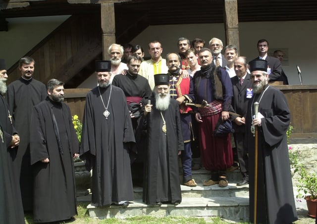Pavle with priests at Voljavča monastery, 2005.