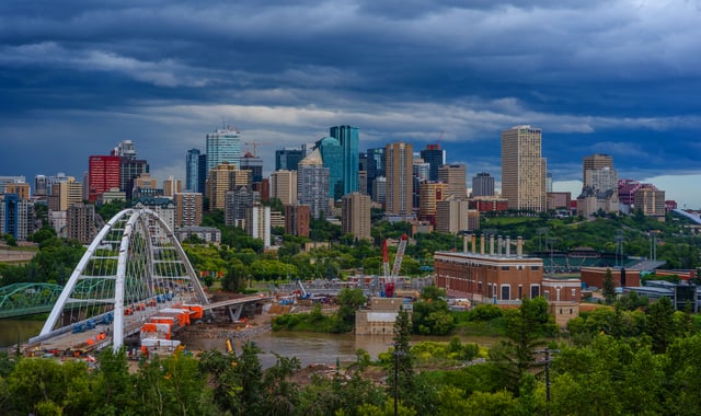 View of Edmonton's central business district from the south riverbank, over Walterdale Bridge.