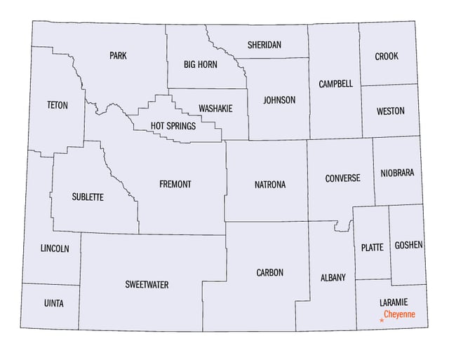 An enlargeable map of the 23 counties of Wyoming