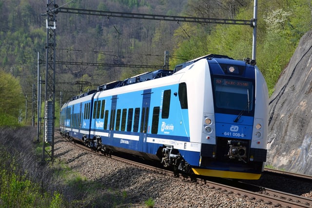 A Škoda 7Ev electric multiple unit. The Czech railway network is largely electrified and is among the densest in Europe.