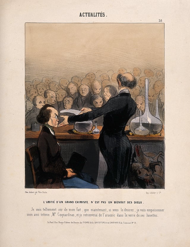 Satirical cartoon by Honoré Daumier of a chemist giving a public demonstration of arsenic, 1841