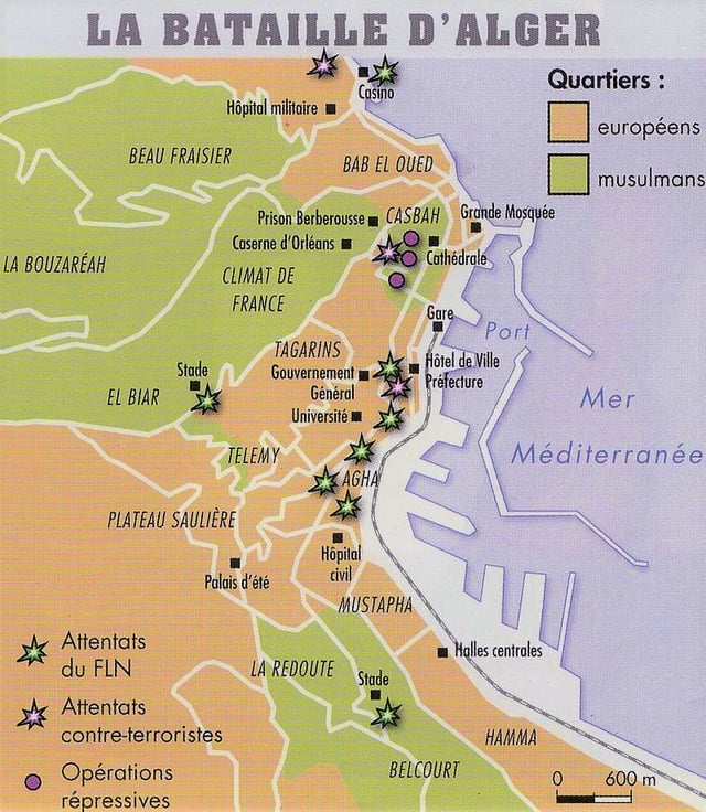 Algiers: Muslim quarters (green), European quarters (orange), terrorist attacks
