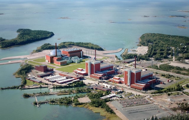 The two existing units of the Olkiluoto Nuclear Power Plant. On the far left is a visualization of a third unit, which, when completed, will become Finland's fifth commercial nuclear reactor.