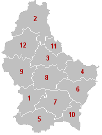 Cantons of LuxembourgCapellen (1) - Clervaux(2) - Diekirch(3) - Echternach(4) - Esch-sur-Alzette(5) - Grevenmacher(6) - Luxembourg(7) - Mersch(8) - Redange(9) - Remich(10) - Vianden(11) - Wiltz(12)