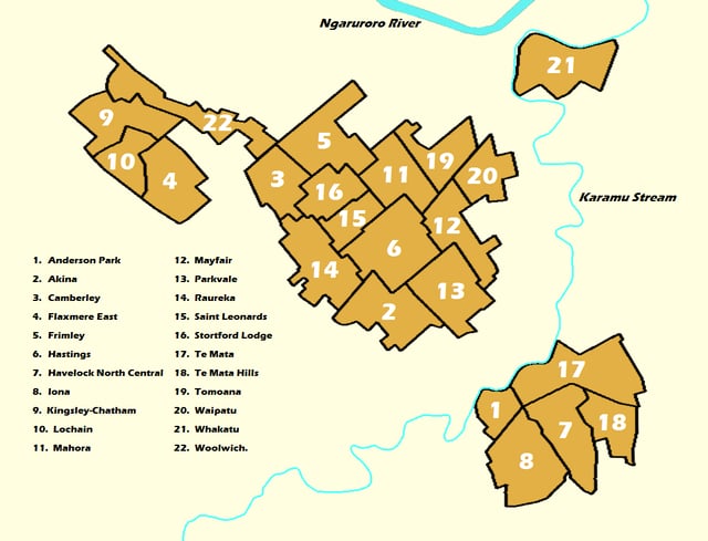 Labelled map of the 22 Suburbs that make up Hastings City