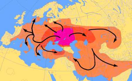 Scheme of Indo-European migrations from ca. 4000 to 1000 BC according to the Kurgan hypothesis.