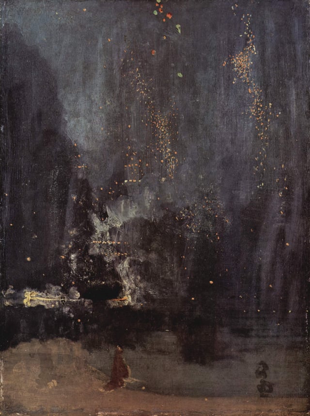 James McNeill Whistler, Nocturne in Black and Gold: The Falling Rocket (1874), Detroit Institute of Arts. A near abstraction, in 1877 Whistler sued the art critic John Ruskin for libel after the critic condemned this painting. Ruskin accused Whistler of "ask[ing] two hundred guineas for throwing a pot of paint in the public's face."