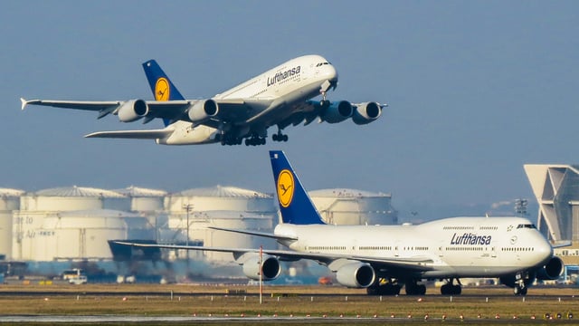 A Boeing 747-8I and Airbus A380-800 of Lufthansa at Frankfurt Airport. The A380 and 747-8, together with the recently introduced Airbus A350 XWB, form the backbone for Lufthansa's long-haul routes.