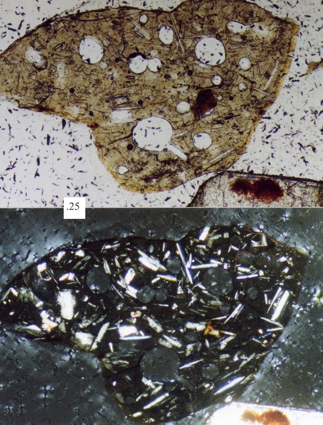 Photomicrograph of a volcanic (basaltic) sand grain; upper picture is plane-polarized light, bottom picture is cross-polarized light, scale box at left-center is 0.25 millimeter.  Note white plagioclase "microlites" in cross-polarized light picture, surrounded by very fine grained volcanic glass.