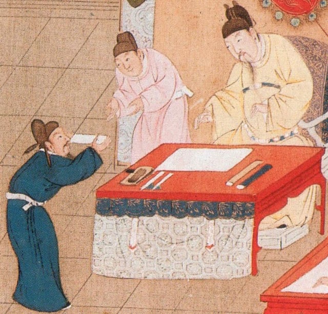 The emperor receives a candidate during the Palace Examination. Song dynasty.