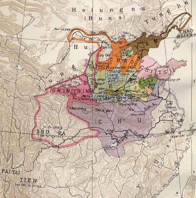 Map of the Warring States. Qin is shown in pink