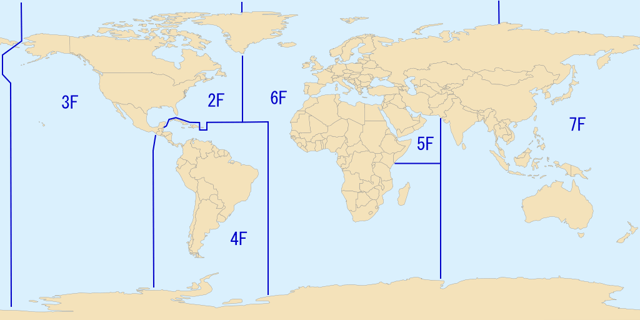 Areas of responsibility for each of the United States Navy Fleets. Tenth Fleet serves as the numbered fleet for U.S. Fleet Cyber Command, and therefore is not shown.