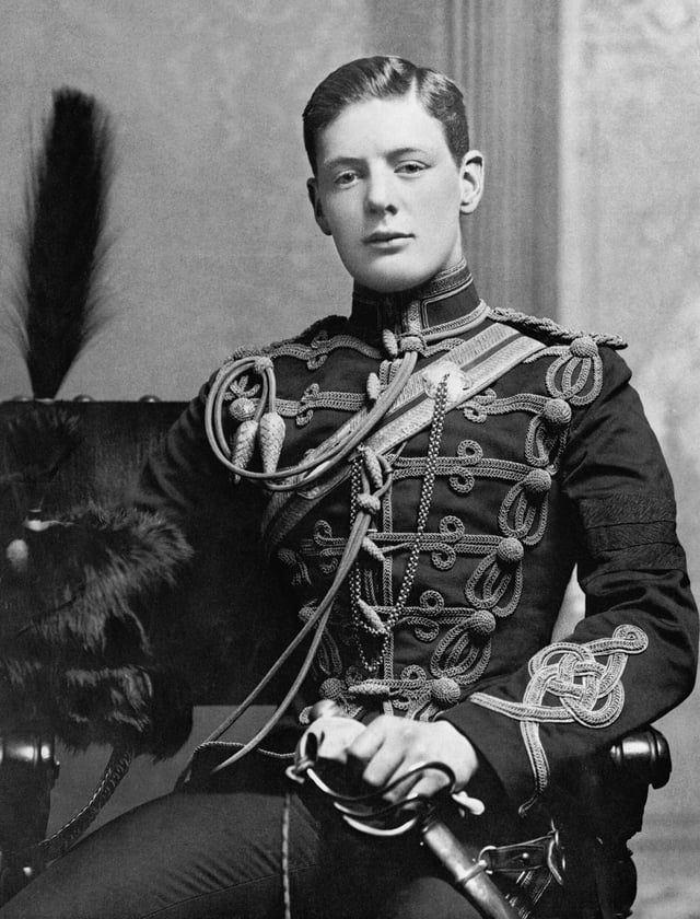 Churchill in the military dress uniform of the Fourth Queen's Own Hussars at Aldershot in 1895.