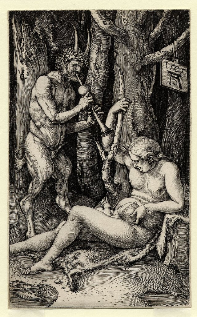During the Renaissance, satyrs began to appear in domestic scenes, a trend exemplified by Albrecht Dürer's 1505 engraving The Satyr's Family.