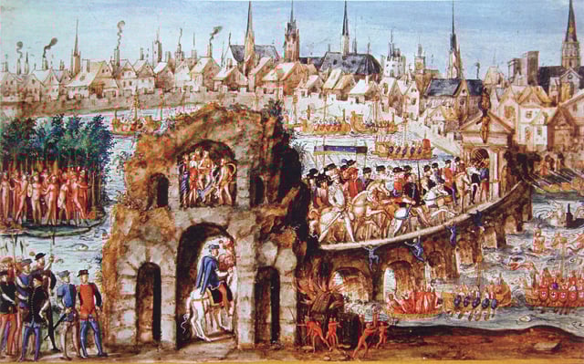 At the royal entry of Henry II in Rouen, 1 October 1550, about fifty naked men were employed to illustrate life in Brazil and a battle between the Tupinambá allies of the French, and the Tabajara Indians.