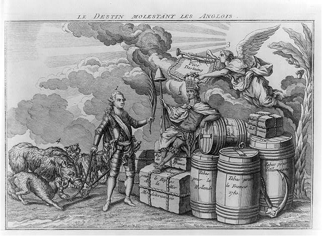 Le Destin molestant les Anglois, contemporary caricature showing d'Estaing presenting a palm frond to America