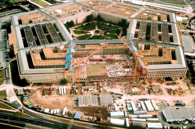 The Pentagon being reconstructed in February 2002, after the September 11 attacks.