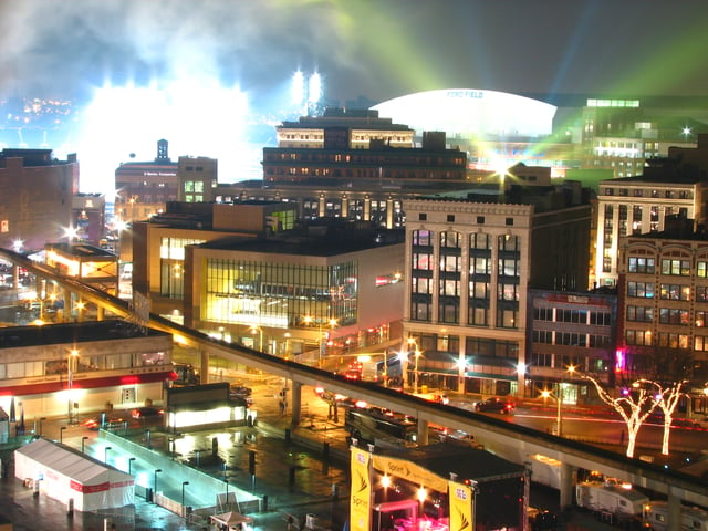 Looking toward Ford Field the night of Super Bowl XL