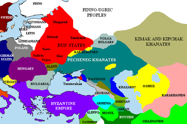 The Pontic steppes, c. 1015 (areas in blue possibly still under Khazar control).