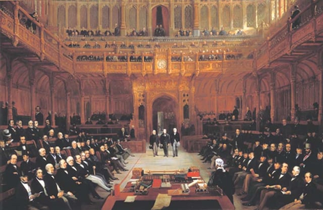 The introduction of a new Member of Parliament, 1858. Wearing hats in the House of Commons has not always been treated in the same way.