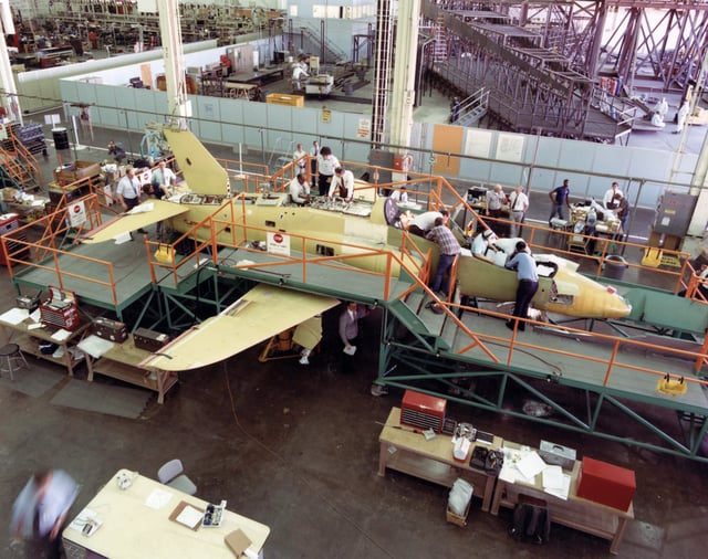 A T-45 Goshawk on the assembly line at McDonnell Douglas.