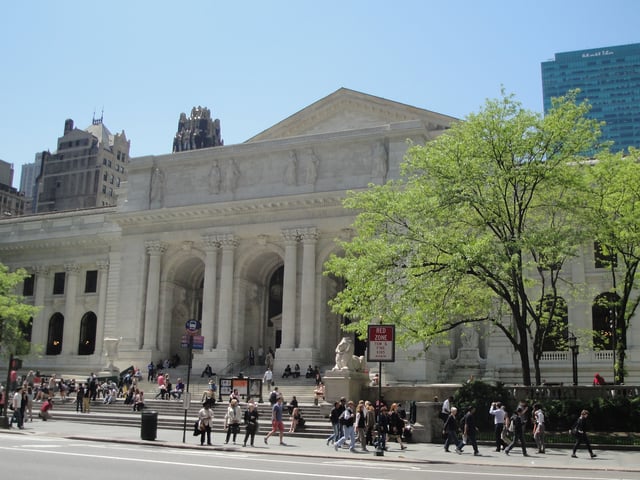 New York Public Library Main Branch at 42nd Street and Fifth Avenue; built (1897–1911) and replaced the Croton Reservoir; Carrère and Hastings, architects