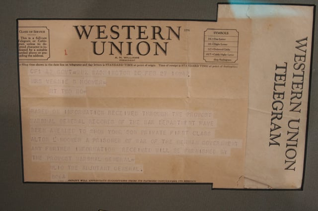 Telegram notifying parents of an American POW of his capture by Germany