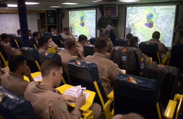 Carrier Air Wing Two (CVW-2) mission briefing aboard Constellation (CV-64), 21 March 2003.