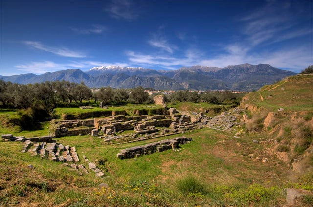 The theater of ancient Sparta with Mt. Taygetus in the background.