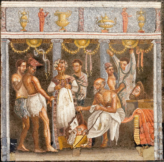 Choregos and theater actors, from the House of the Tragic Poet, Pompeii, Italy. Naples National Archeological Museum