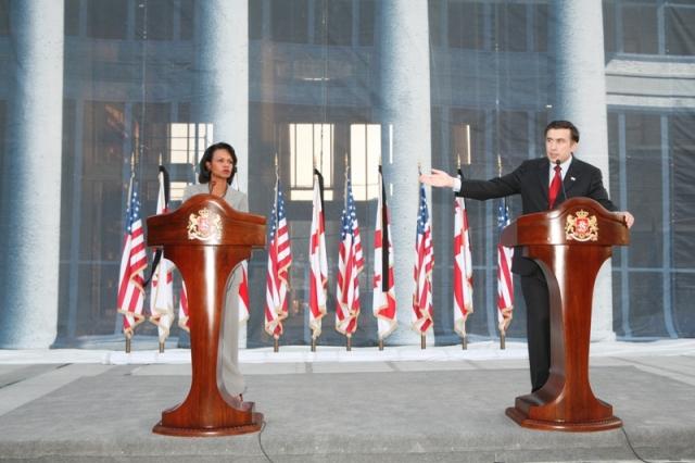 US Secretary of State Condoleezza Rice holding a joint press conference with Georgian president Mikheil Saakashvili during the Russo–Georgian war