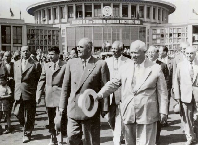 Gheorghe Gheorghiu-Dej and Khrushchev at Bucharest's Băneasa Airport in June 1960. Nicolae Ceauşescu can be seen at Gheorghiu-Dej's right hand side.