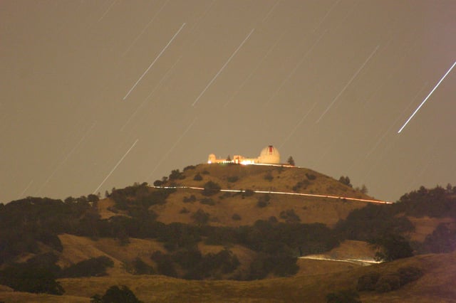 Lick Observatory on Mount Hamilton at night. Timed exposure taken from Grant Ranch Park.