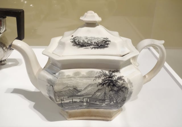 Transfer-printed teapot for the American market, c. 1845, showing Peekskill Landing, William Ridgway & Company, Hanley, England.
