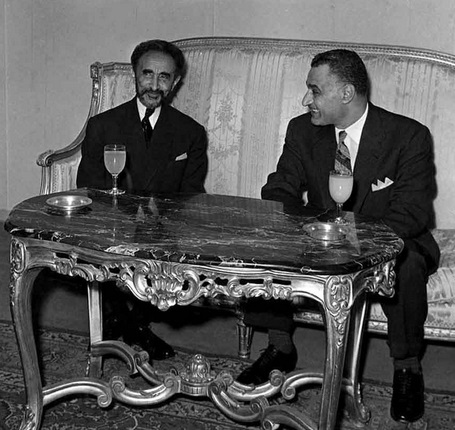 Emperor Haile Selassie of Ethiopia and President Gamal Abdel Nasser of Egypt in Addis Ababa for the Organisation of African Unity summit, 1963.