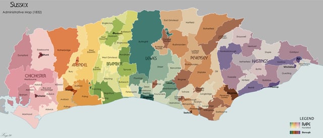 Map of Sussex in 1851 showing the six Rapes