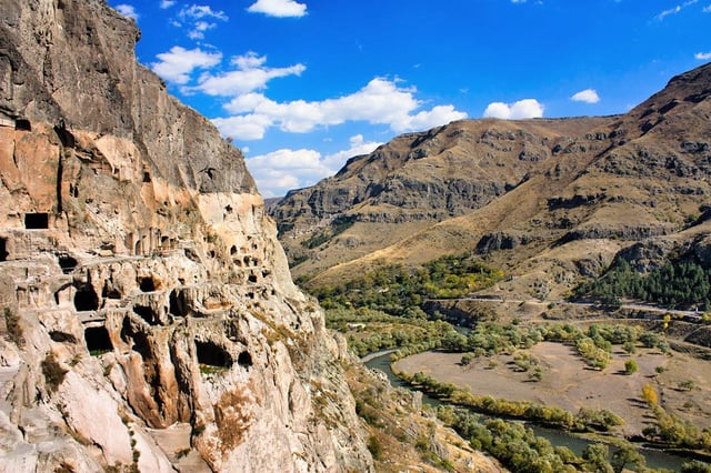 View of the cave city of Vardzia and the valley of the Kura River below