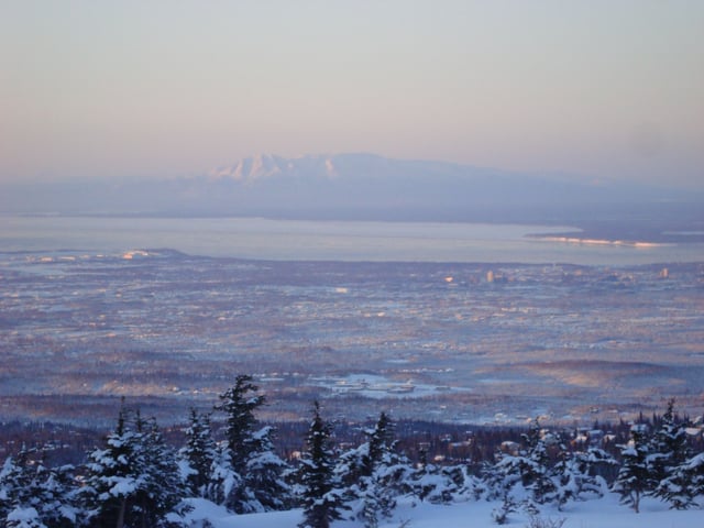 Anchorage as viewed from Glen Alps trailhead during 0 °F (−18 °C) weather in the winter.