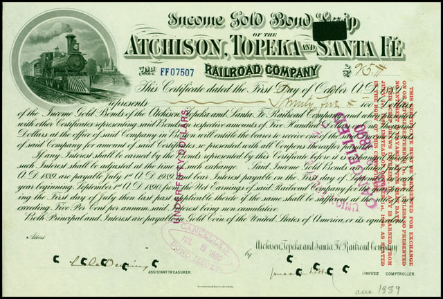 Gold bond of the Atchison, Topeka and Santa Fe Railroad Company, issued 1. October 1889