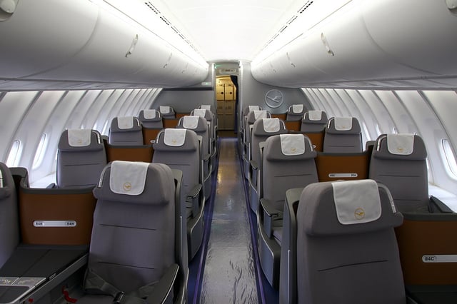 Business Class in a 2-2 layout on the upper deck of a Boeing 747-8I. Business Class on all of the airline's other wide-body aircraft has a 2-2-2 layout.