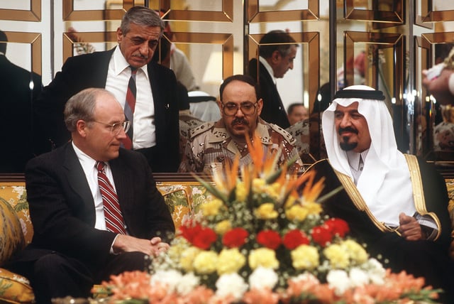 Dick Cheney meets with Prince Sultan, Minister of Defence and Aviation in Saudi Arabia to discuss how to handle the invasion of Kuwait.