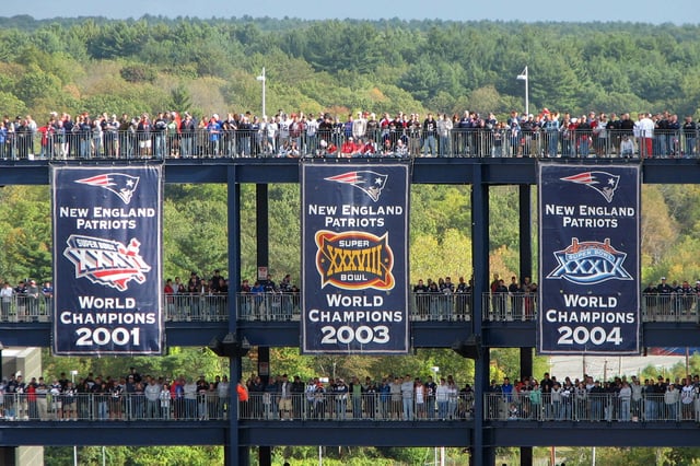 Super Bowl banners at Gillette Stadium prior to the Patriots winning Super Bowls XLIX, LI, and LIII