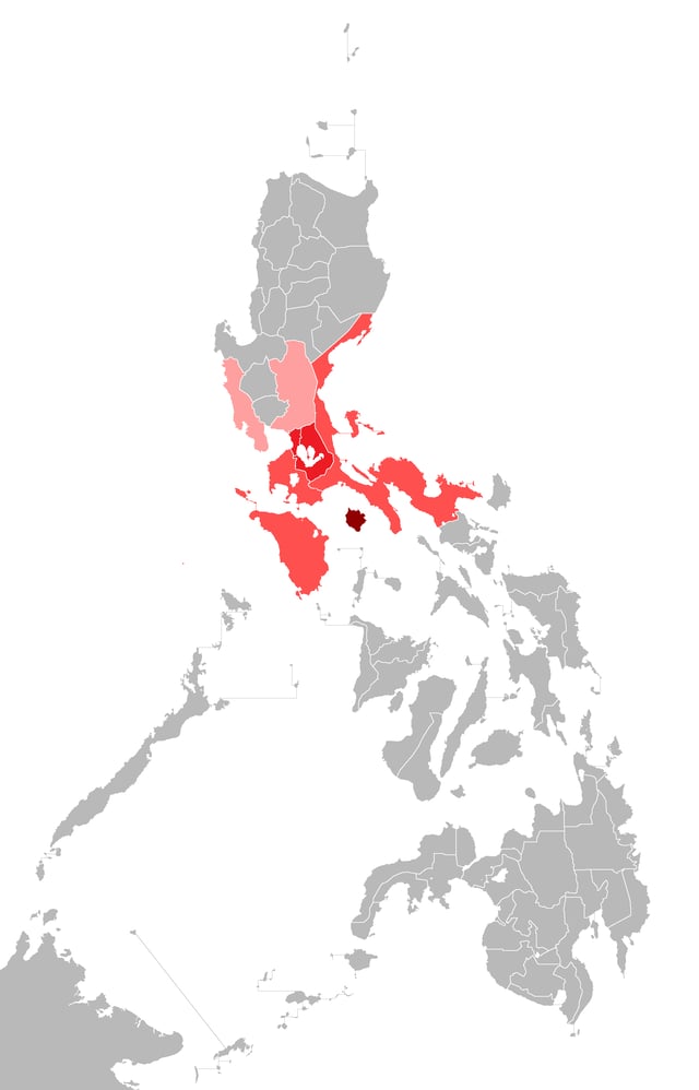 Predominantly Tagalog-speaking regions in the Philippines. The color-schemes represent the four dialect zones of the language: Northern, Central, Southern and Marinduque. The majority of residents in Camarines Norte and Camarines Sur speak Bikol as their first language but these provinces nonetheless have significant Tagalog minorities. In addition, Tagalog is used as a second language throughout the Philippines.