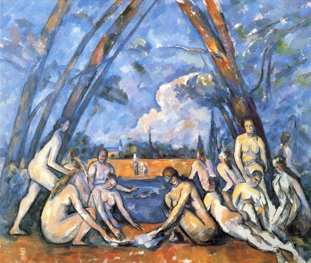 Paul Cézanne's Les Grandes Baigneuses (1906, oil on canvas, 210.5 × 250.8 cm., 827⁄8 × 983⁄4 inches, Philadelphia Museum of Art) is generally believed to be a likely inspiration for Les Demoiselles.