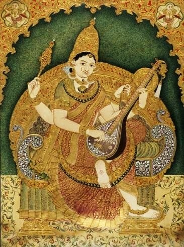 Mysore painting depicting Goddess Saraswati