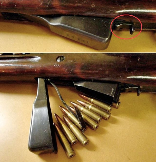 SKS with the magazine closed (top) and open. The magazine release is circled.