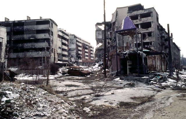 Damaged buildings in Grbavica during the Siege of Sarajevo