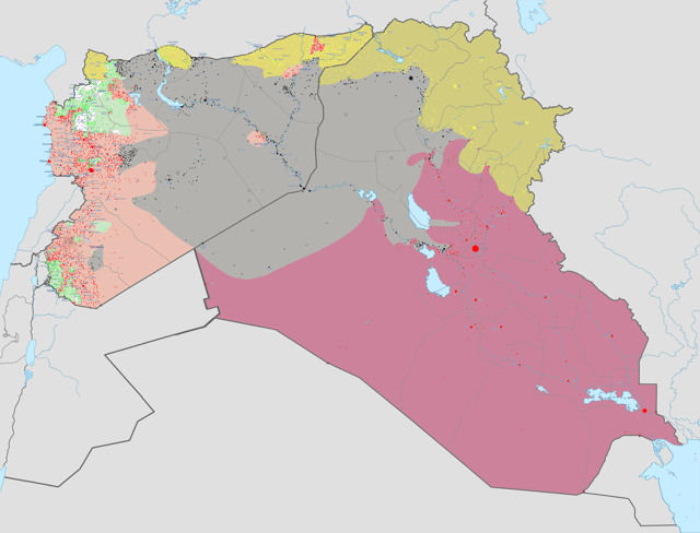 June 2015 military situation:  Controlled by Iraqi government  Controlled by the Islamic State in Iraq and the Levant (ISIS)  Controlled by Iraqi Kurds  Controlled by Syrian government  Controlled by Syrian rebels  Controlled by Syrian Kurds